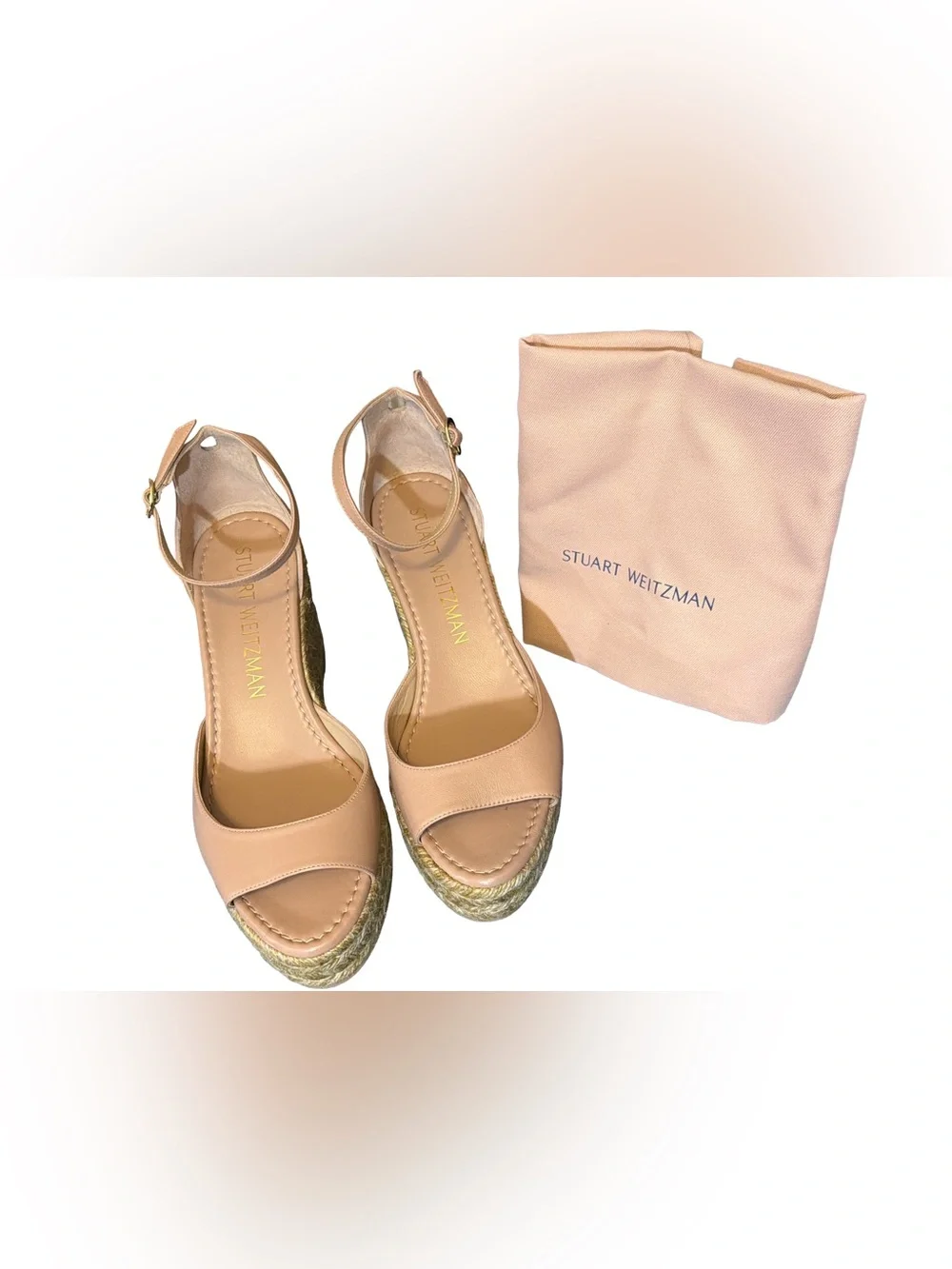 Stuart Weitzman Nude Leather Nudist Wedge Espadrille Sandal 10.5 + Dust Bag NWT